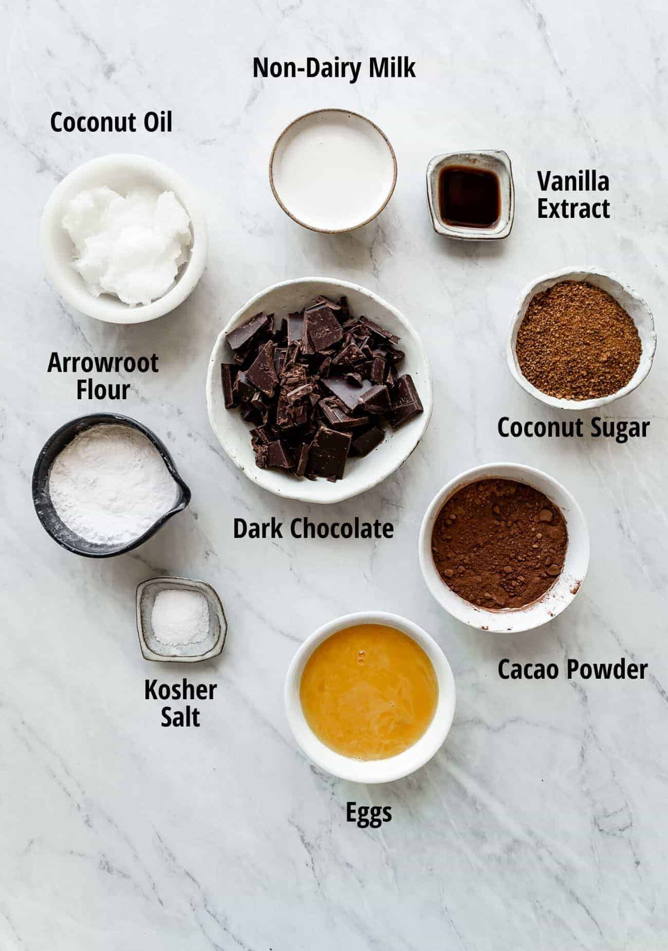 ingredient to make dark chocolate gluten free brownies: Non-Dairy Milk, Coconut Oil, Vanilla Extract, Coconut Sugar, Arrowroot Flour, Dark Chocolate, Cacao Powder, Eggs, Kosher Salt