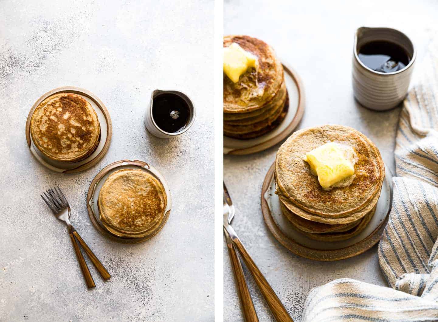 oatmeal banana pancakes on plates with maple syrup and butter