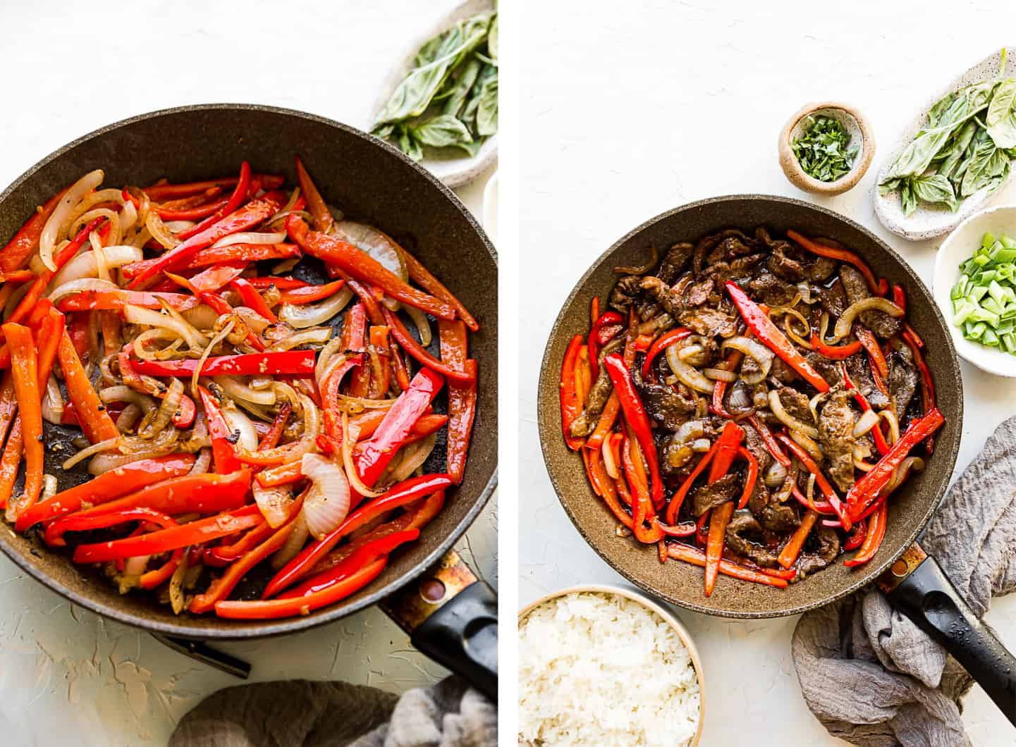 Peppers and beef in a frying pan