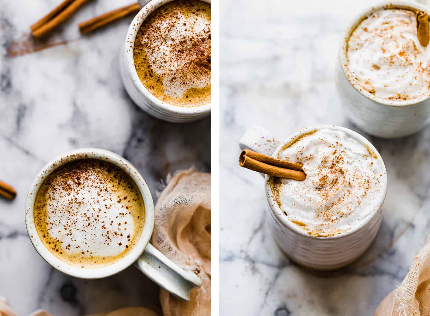 pumpkin spice lattes in mugs with cinnamon, foam, and whipped cream