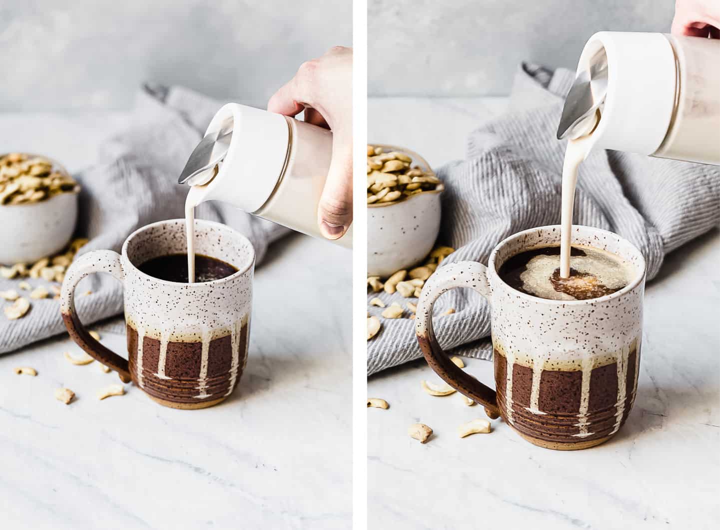 cashew creamer being poured into a coffee mug