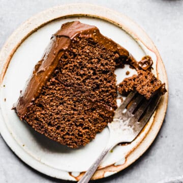 moist chocolate cake with a bite on a fork