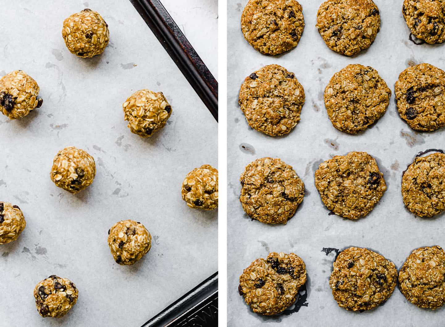 oatmeal raisin cookies being prepped on a baking sheet with parchment paper