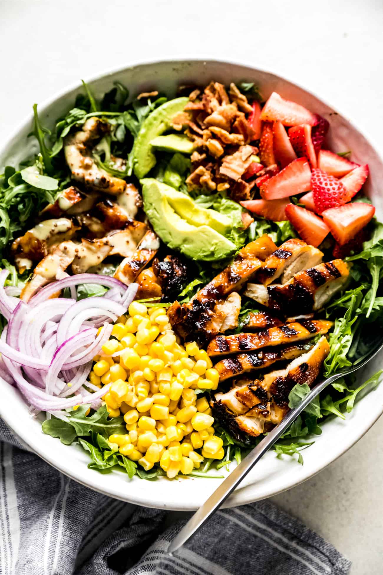honey mustard chicken salad in a large white bowl