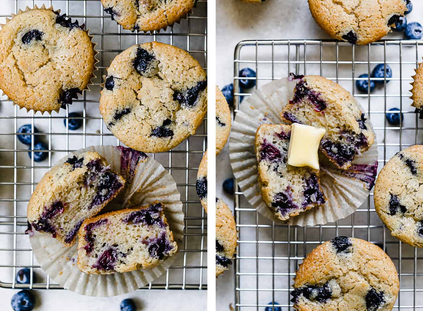 buttermilk blueberry muffins on a wire rack, with a glob of butter on one 