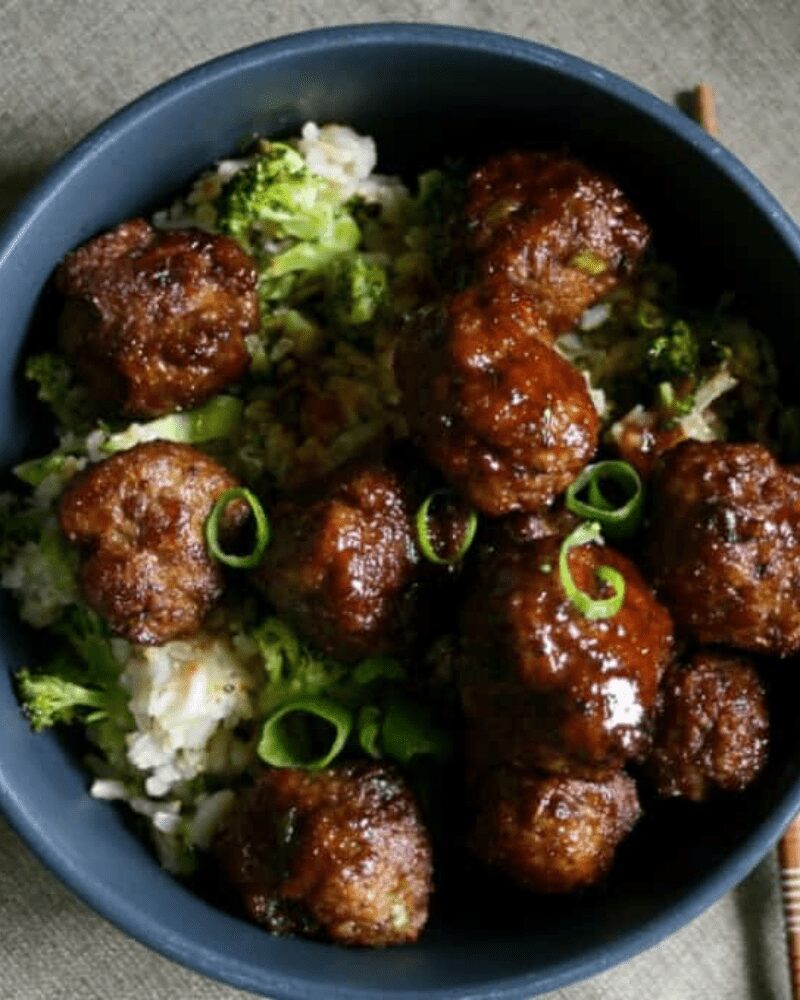 meatballs and rice with brocolli