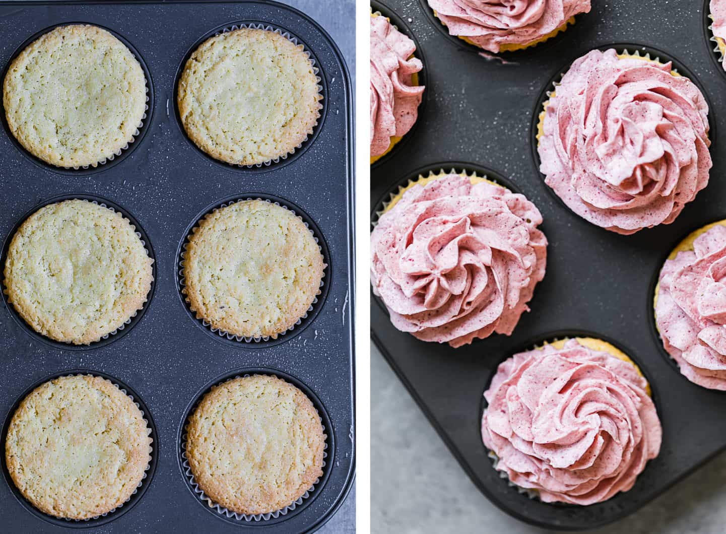 vanilla cupcakes in a muffin tin and piped strawberry frosting on top