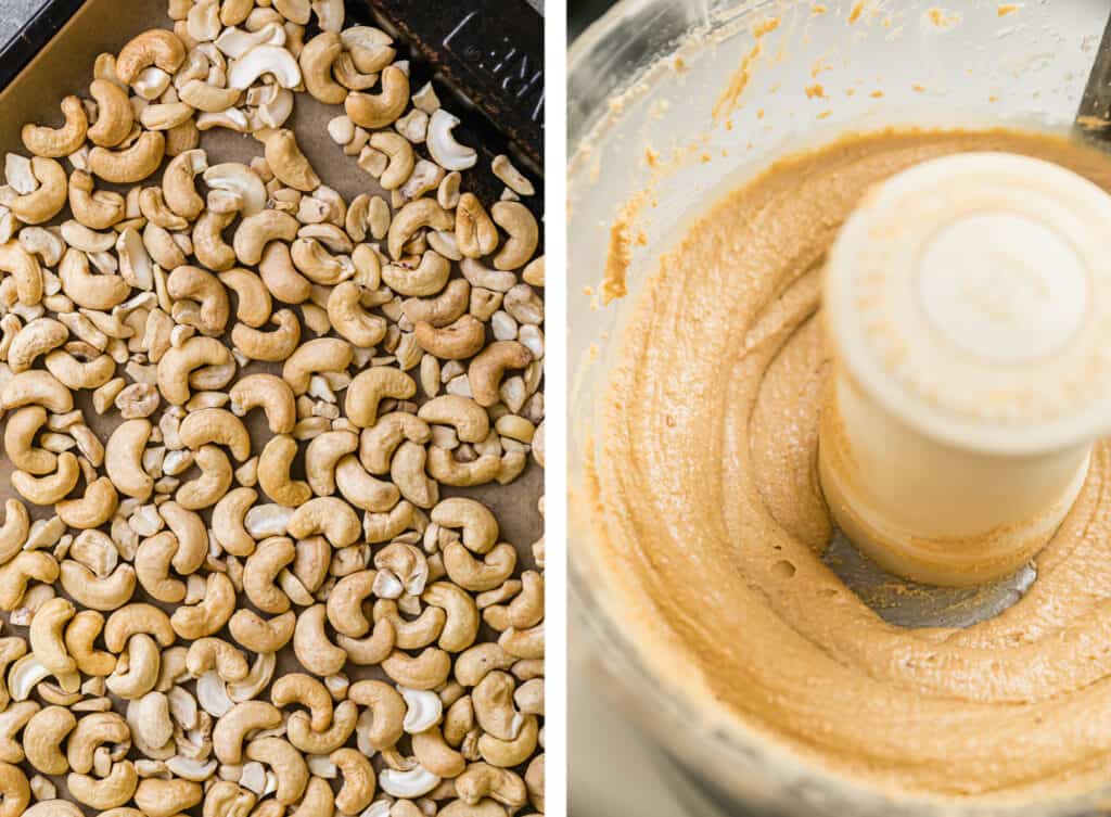 roasted cashews on a baking sheet and being processed in a food processor