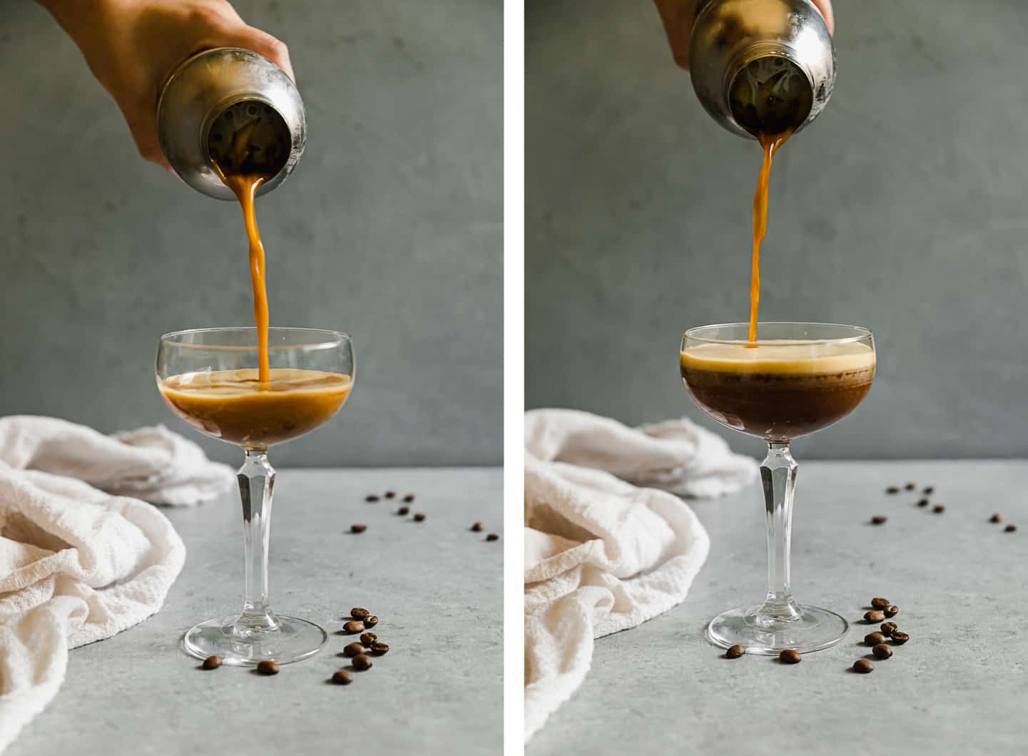 espresso martini being poured into a glass